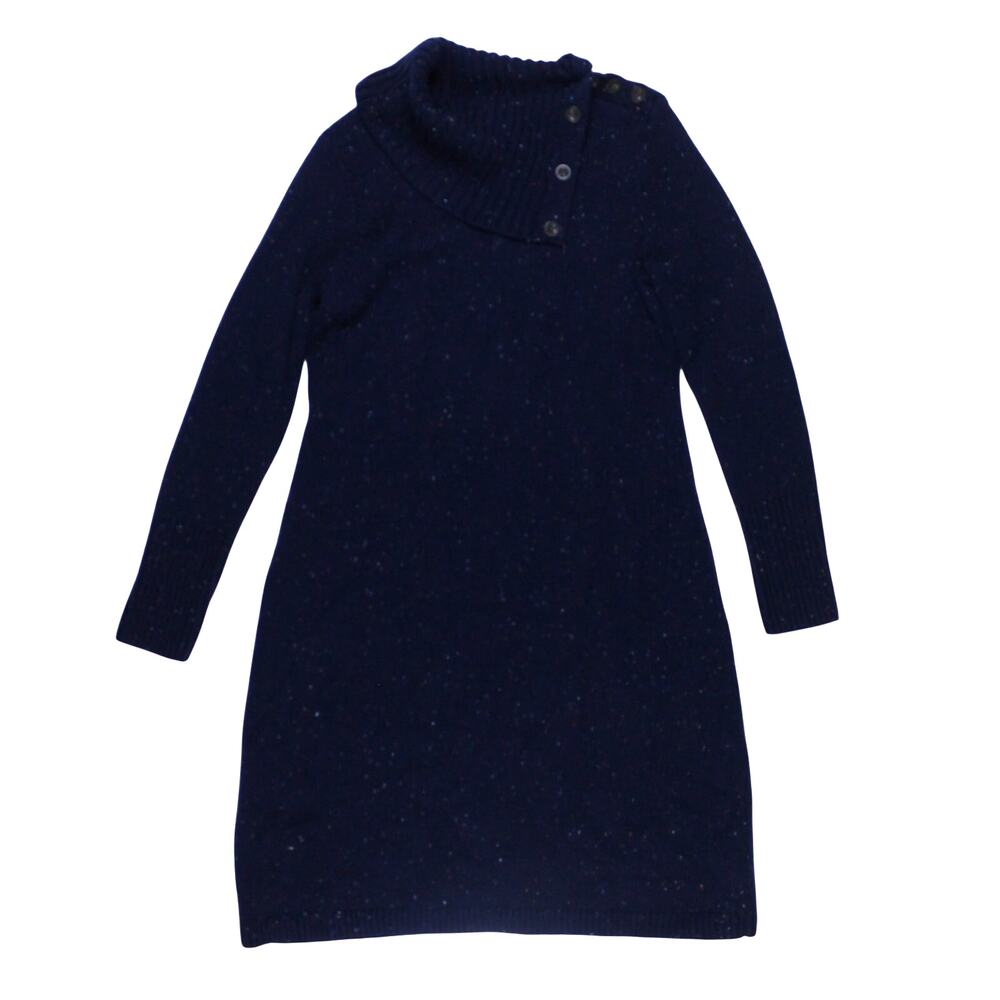 Talbots Sweater Dress Navy Blue Speckled Knit button cowl neck knee sheath S P